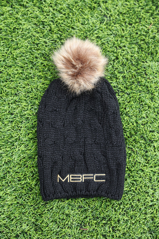 Cable Knit Black Beanie with Pom